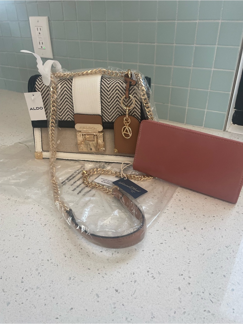 Aldo Elbaberis Brown Women's Chain Purse with Universal Thread Bifold wallet